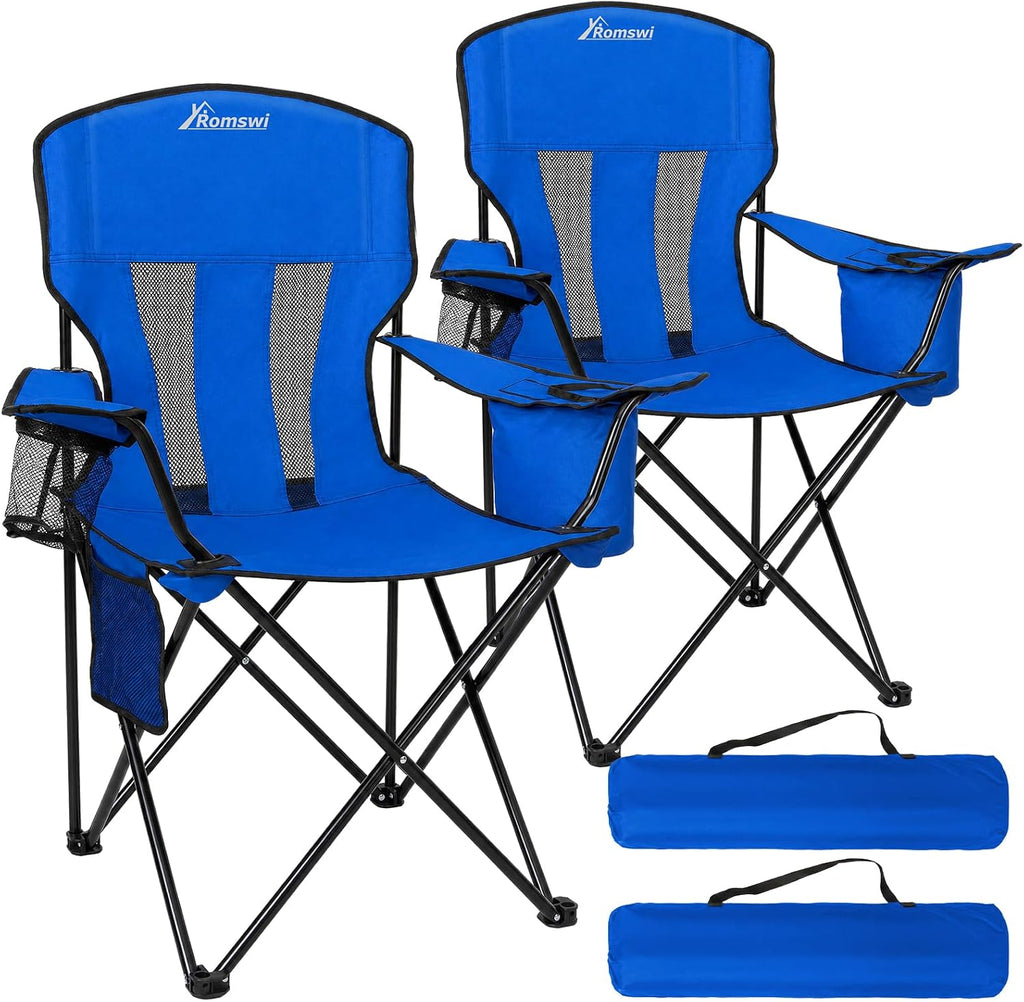 Camping Chairs for Adults 2 Pack, Folding Chair with 4-Can Cooler Bag & Cup Holder, Portable Heavy Duty Outdoor Chair with Mesh Back for Camping, Beach, Lawn, Fishing, Blue