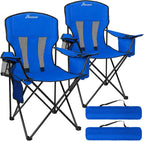 Camping Chairs for Adults 2 Pack, Folding Chair with 4-Can Cooler Bag & Cup Holder, Portable Heavy Duty Outdoor Chair with Mesh Back for Camping, Beach, Lawn, Fishing, Blue