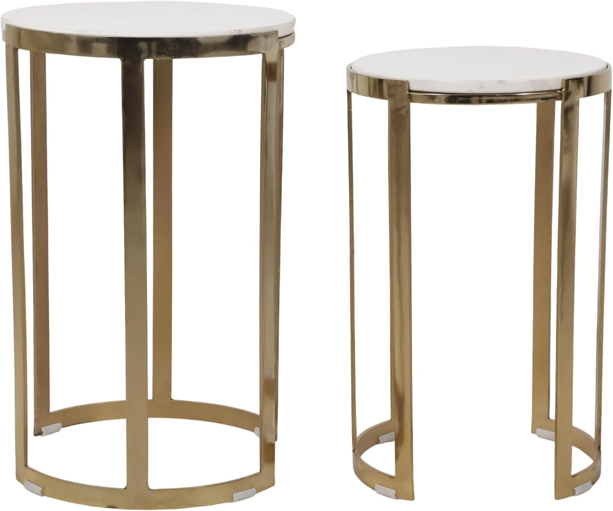 Elegant End Table, Side Table, or Night Stand for Room Decor - Round Metal Accent Table with Marble Top for Small Spaces - Perfect for Home, Bedroom, or Living Room Set of 2 - 22", 20" White & Gold