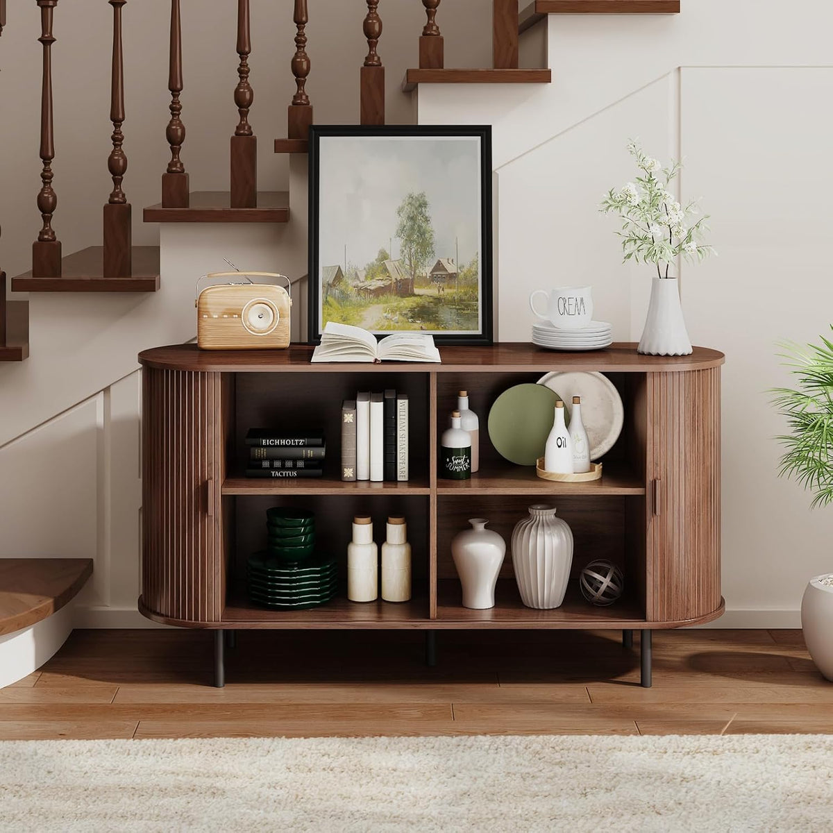 Buffet Sideboard Cabinet with Storage, 55" Fluted Cabinet with Sliding Door & Adjustable Shelf, Modern Accent Coffee Bar Console Table for Kitchen, Entryway, Walnut