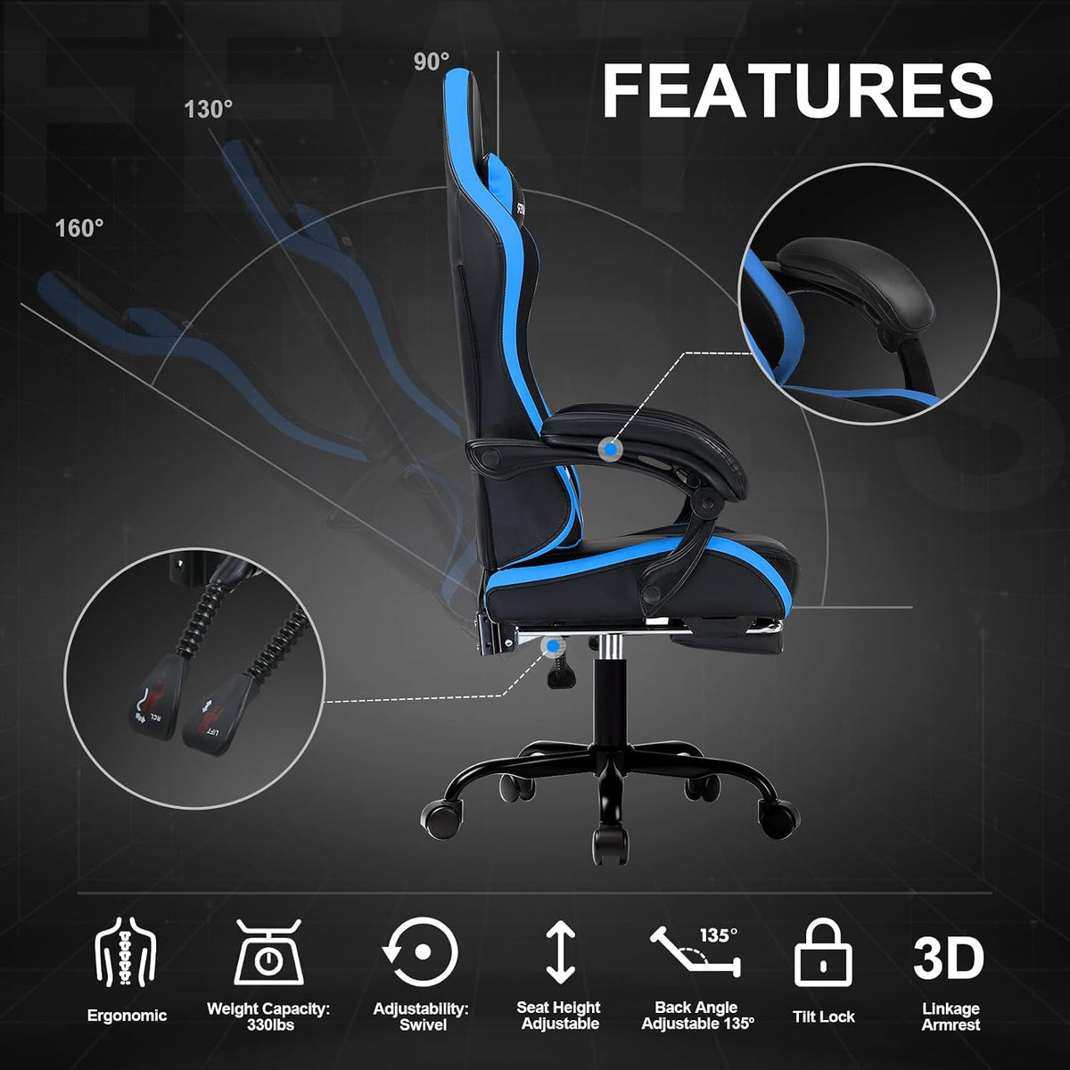 GTPLAYER Gaming Chair for Adults, Big and Tall 300LBS Heavy Duty Office Chair with Footrest, Ergonomic High Back Lumbar Support and Wide Comfy Cushion with Linkage Armrests for Home Office, Blue