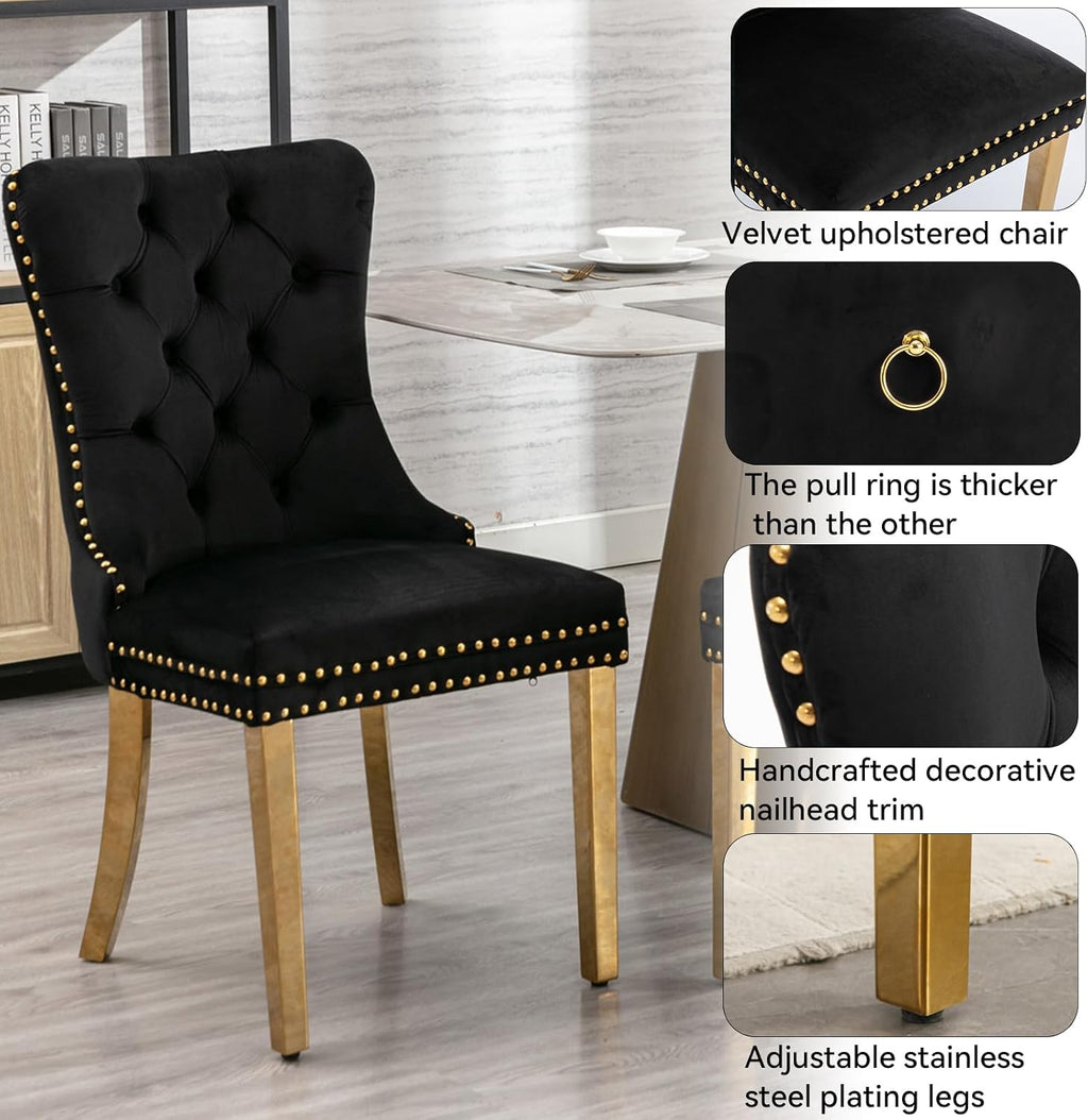 36" Luxury Gold Glass Dining Room Table Set for 4, 5-Piece Round Kitchen Dining Table Set with Cross Metal Legs and 4 Black Velvet Upholstered Chairs, Glass Kitchen Table & Chairs Set