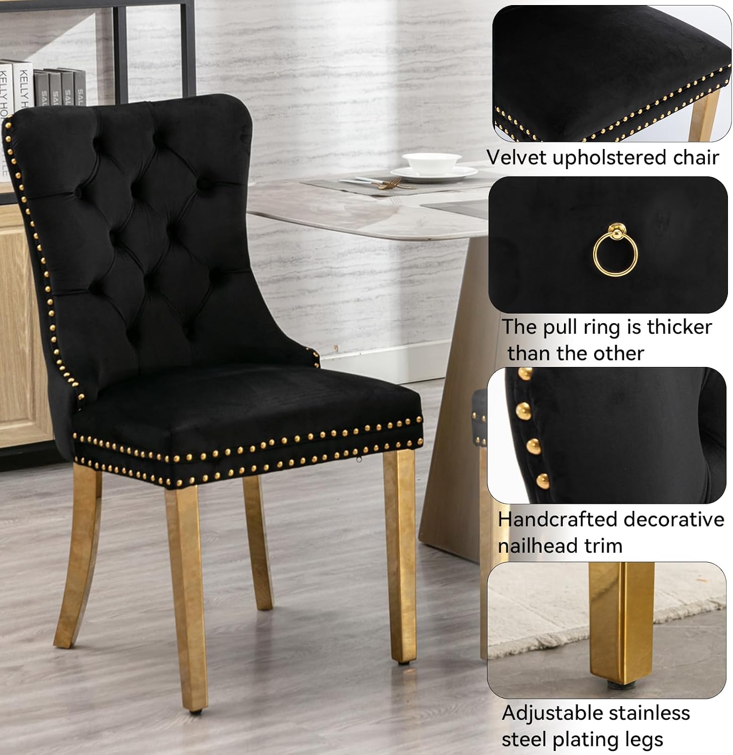 36" Luxury Gold Glass Dining Room Table Set for 4, 5-Piece Round Kitchen Dining Table Set with Cross Metal Legs and 4 Black Velvet Upholstered Chairs, Glass Kitchen Table & Chairs Set