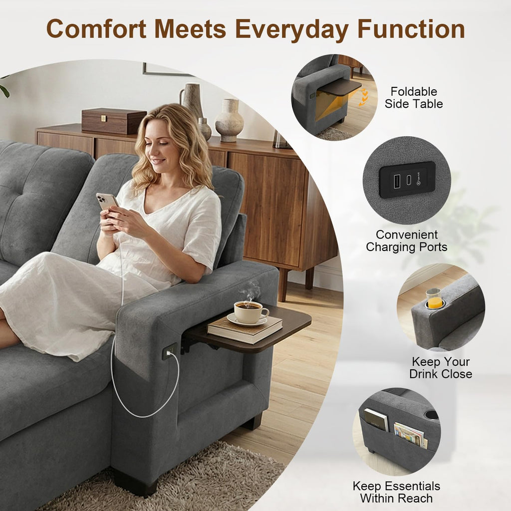 82" L Shaped Sleeper Sofa Bed, Pull Out Sectional Couch with Storage Chaise/Reclining Backrest, Sectional Couches for Living Room with USB Port, Foldable Table, Cup Holder, Side Pocket, Light Grey
