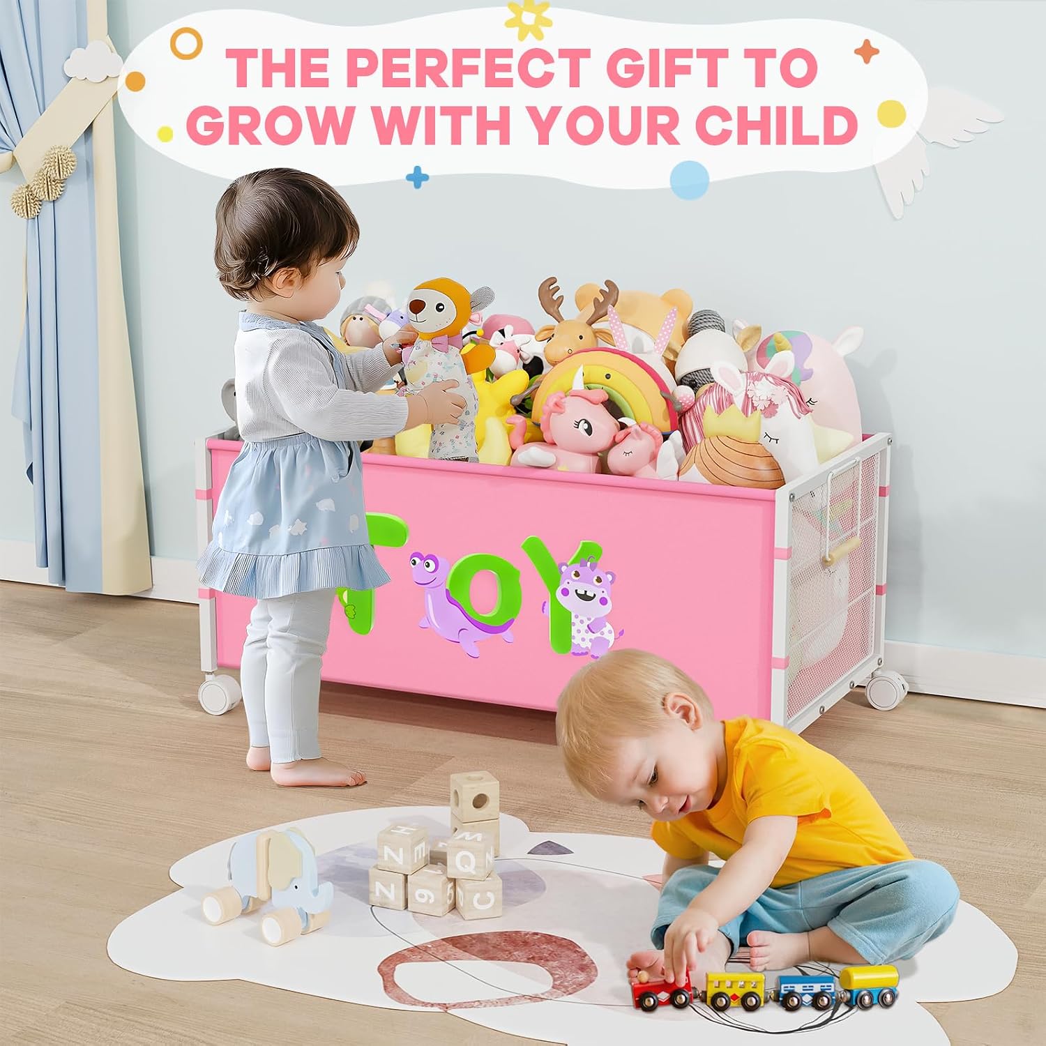 JBBTOOL Large Toy Box, Toy Storage Organizer for Kids, Toy Chest for Toddlers with 360° Wheels, Toybox for Living Room, Oxford Cloth Toy Box for Boys, Girls, Stuffed Animals, Clothes