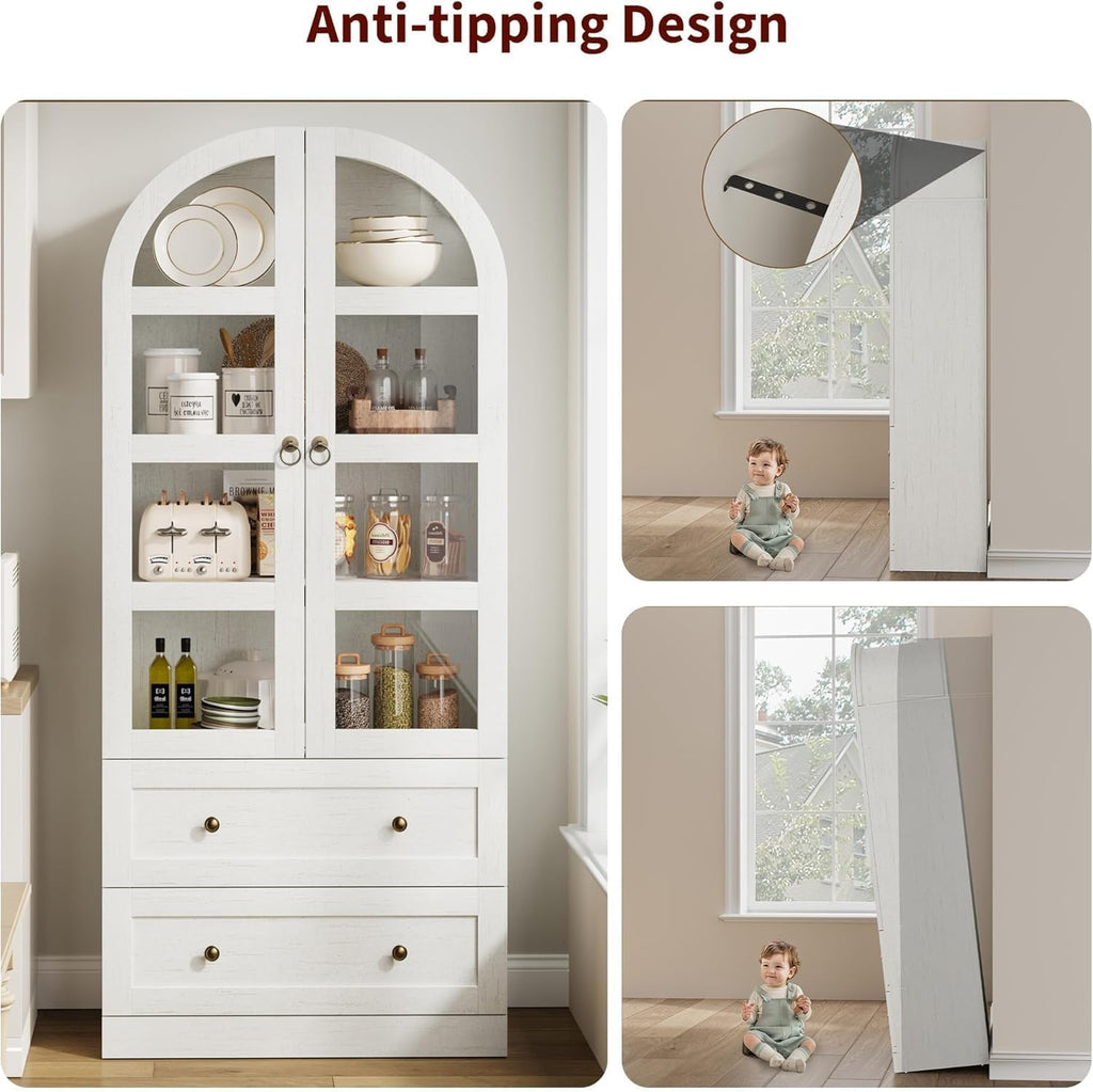 72" Tall Arched Kitchen Pantry Cabinet,Wood Arched Bookshelf with 2 Doors, 2 Drawers, Adjustable Shelves,Versatile Sideboard Buffet for Dining & Living Room,White
