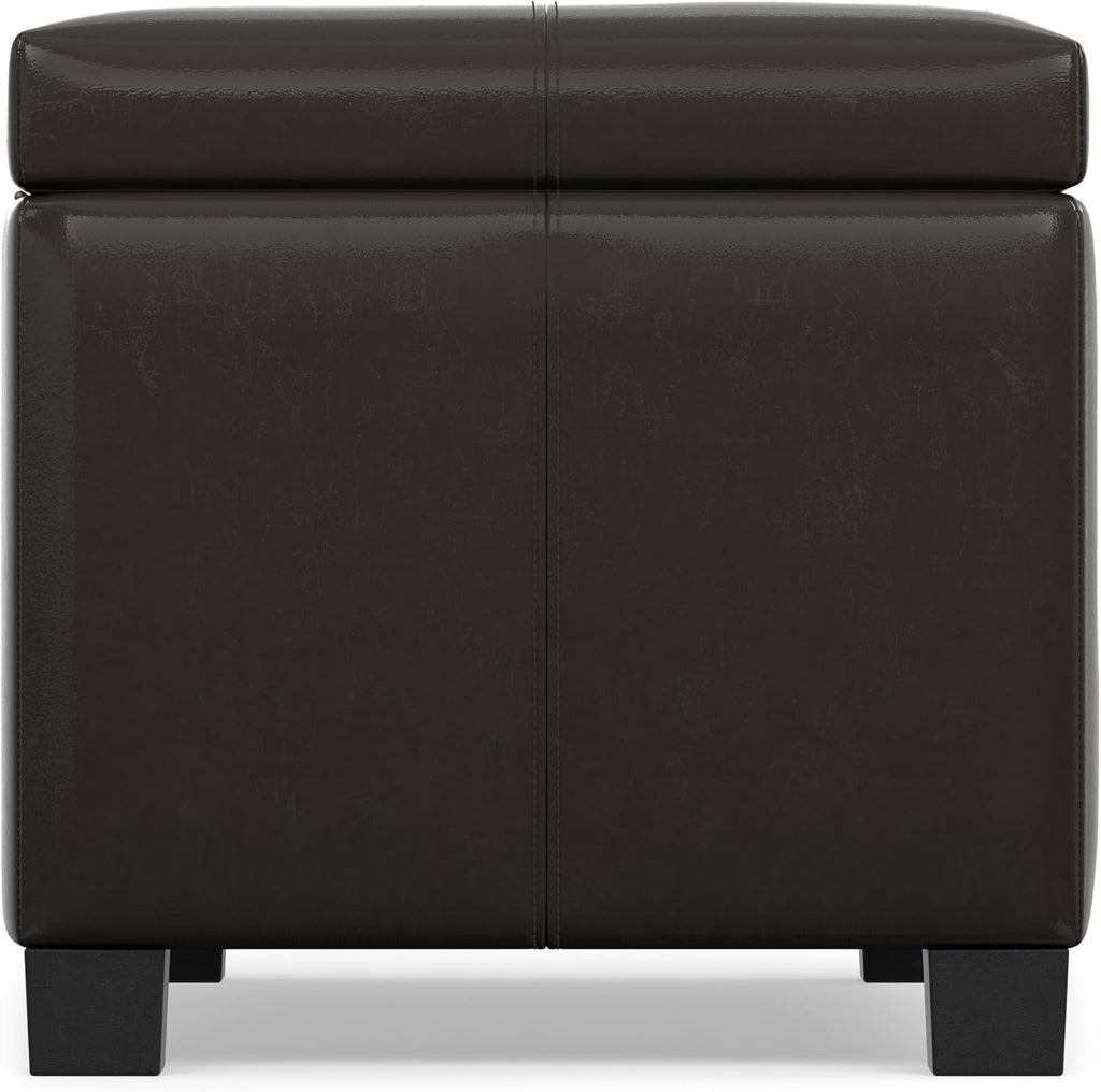 SIMPLIHOME Dover 36" Wide Vegan Leather Storage Ottoman in Tanners Brown | Contemporary ottoman with lift-top and safety hinges; upholstered rectangle storage bench for living room and entryway.