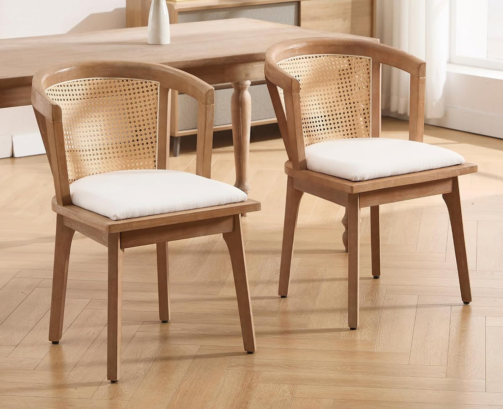 CIMOTA Mid-Century Modern Rattan Wood Dining Chairs Set of 4, Farmhouse Kitchen Chairs with Barrel Cane Backrest/Upholstered Seat/Natural Oak Finish for Dining Room/Cafe/Bistro, Linen Beige