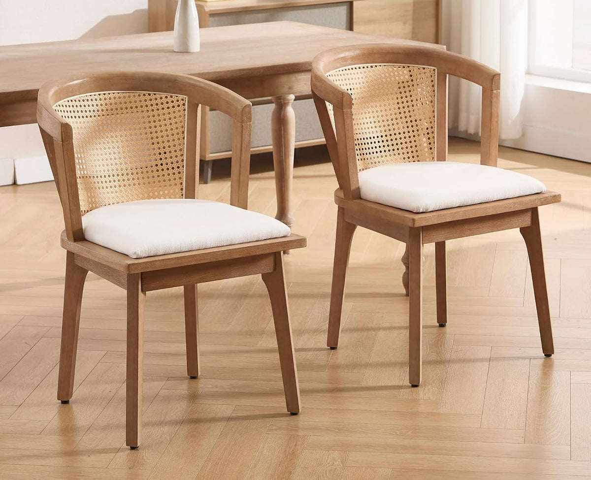 CIMOTA Mid-Century Modern Rattan Wood Dining Chairs Set of 4, Farmhouse Kitchen Chairs with Barrel Cane Backrest/Upholstered Seat/Natural Oak Finish for Dining Room/Cafe/Bistro, Linen Beige