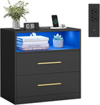 VASAGLE CUSTOS Collection Nightstand with Charging Station, 23.6 Inch | LED Lights, Modern Night Stand, Side End Table with Drawers, Open Shelf, 2 AC Outlets USB Ports, Ink Black ULET639BC01S