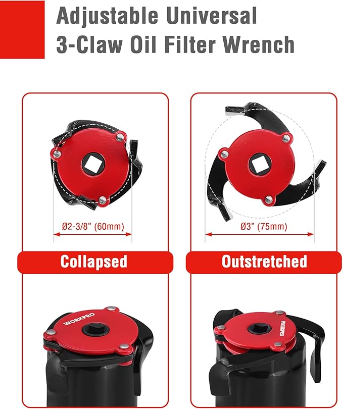 WORKPRO 2-Piece Oil Filter Wrench Set, 12” Adjustable Oil Filter Plier & 3-Jaw Universal Oil Filter Removal Tool, for Easy Oil Changes, Ideal for Car, Motorcycle, Truck Maintenance & Home Garage Use