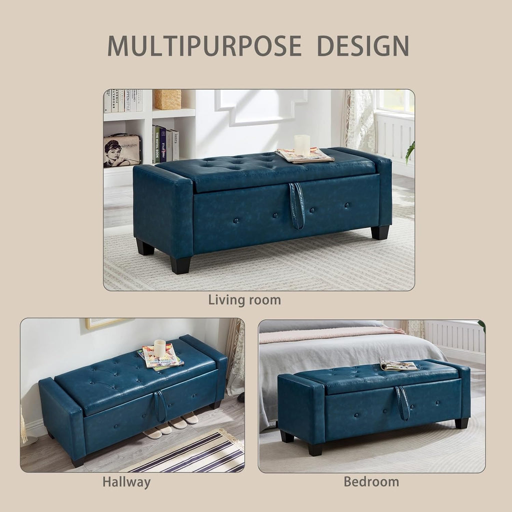 Storage, Bench for Bedroom,Living Room,Hallway, Upholstered Tufted Faux Leather Ottoman Blue