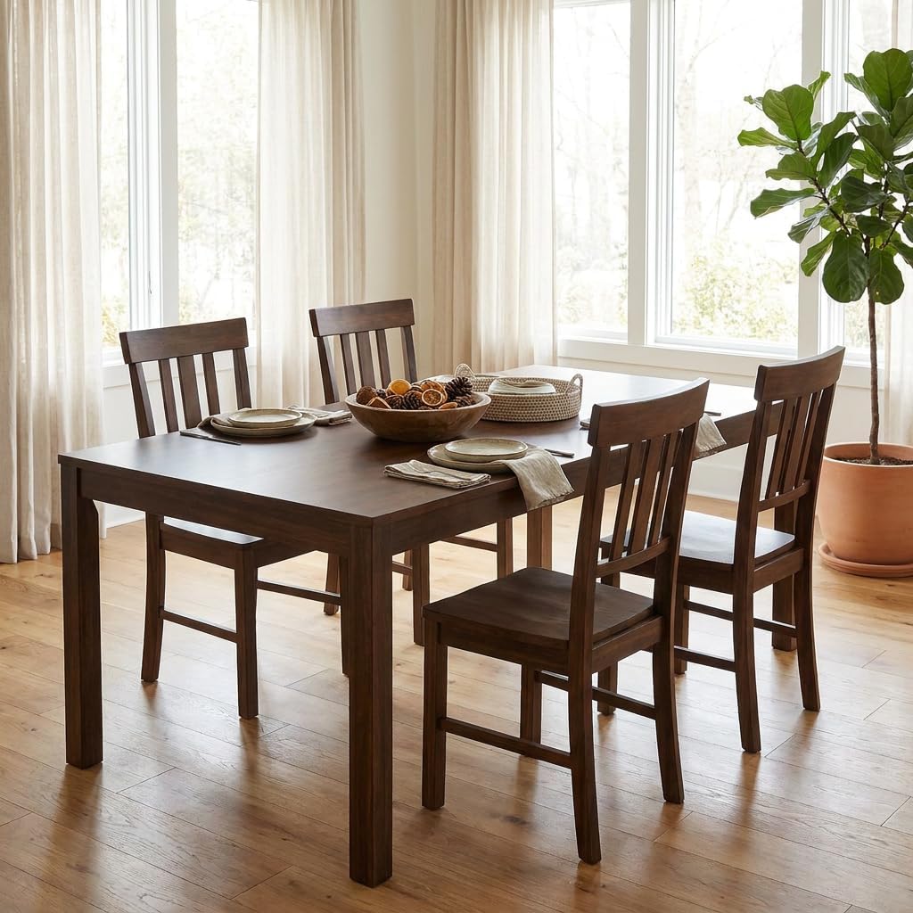 COSTWAY Wood Dining Chairs Set of 4, Solid Rubber Wood Kitchen Side Chair w/Wide Contoured Seat & High Back, Armless Farmhouse Accent Chairs for Kitchen, Living Room, Small Dining Nooks (Dark Brown)