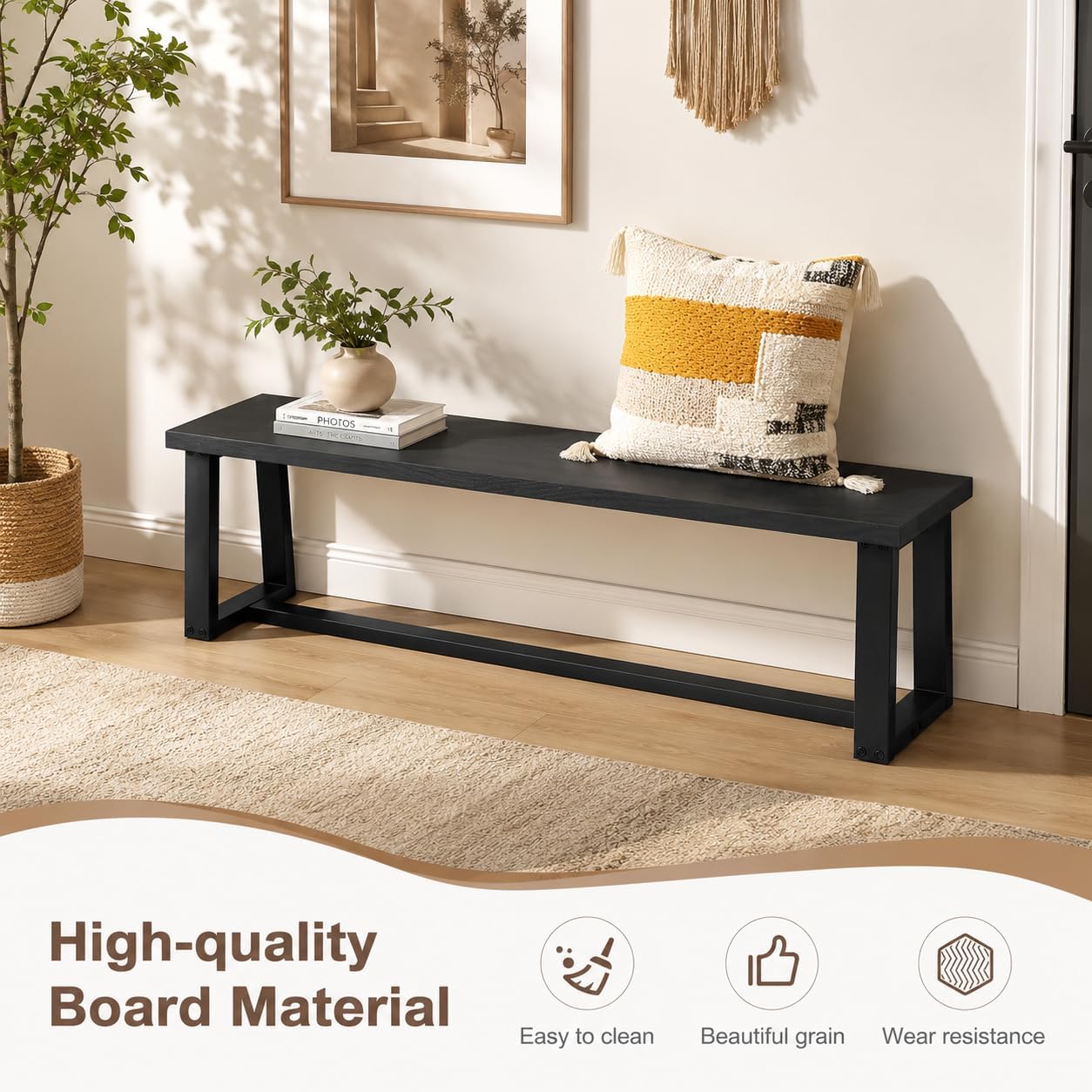 NAFORT Dining Bench, Solid Wood Entryway Bench, Heavy-Duty Outdoor Bench, Modern Dining Table Bench, Bedroom Bench, Living Room Bench, Waterproof Surface, Easy Assembly, Black