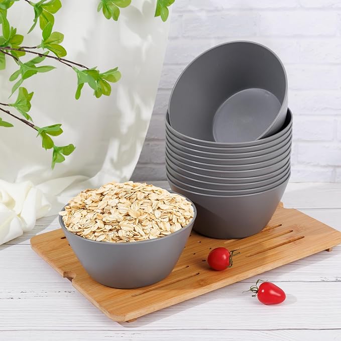 supernal 12PCS Dark Grey Wheat Straw & Hard Plastic Bowls - Reusable Soup Bowls,Unbreakable Fridge/Dishwasher Safe Bowl for Catering,Hot Food,Holiday Meals,Cereal,Ramen (Disposable Snack Bowl)