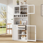 Merax 75" Tall Kitchen Pantry Storage Cabinet with Microwave Stand and Wine Rack, Pantry Storage Cabinet with 2 Pull Out Shelves and Glass Door, 35.4" W Coffee Bar Hutch for Dining Room,White