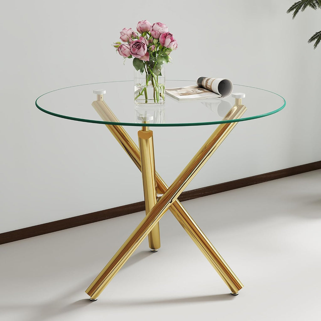 Modern Dining Room Table for 4 People, 36" Round Dining Table with Gold Chrome Metal X-Base, Circle Tempered Glass Dining Room Tables, Small Dining Table Kitchen Tables Dinner Tables