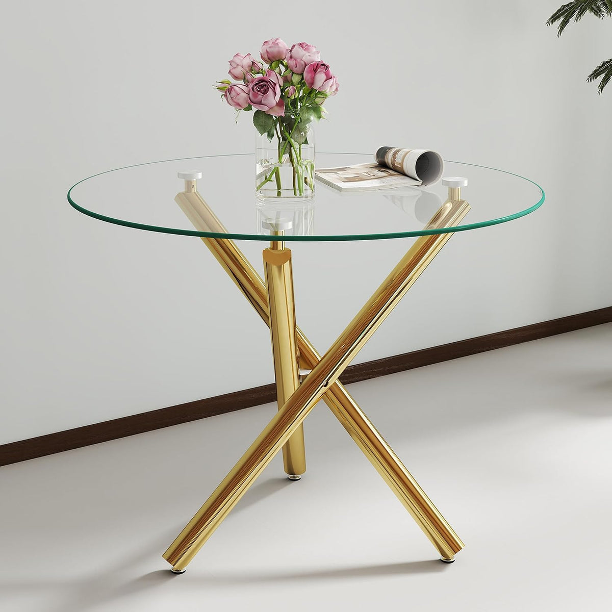 Modern Dining Room Table for 4 People, 36" Round Dining Table with Gold Chrome Metal X-Base, Circle Tempered Glass Dining Room Tables, Small Dining Table Kitchen Tables Dinner Tables