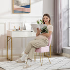 Vanity Chair with Storage | Comfy Ottoman with Folding Back | Faux Fur Vanity Stool with 4 Metal Legs for Make Up | Furry Padded Seat with Anti-Slip Feet for Bedroom Dressing Room | Pink