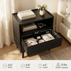 26 Inch Tall Black Oak Nightstands Set of 2 with Charging Station | Matching pair for a streamlined bedroom look; each 24 inch wide table has tray top, open shelf, and 2 drawers