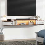 Farmhouse Floating TV Stand for 80" TVs, with LED Light & Outlet | 70" Modern Wood Floating TV Shelf, Minimalist TV Stand Wall Mounted for Living Room, Walnut + Antique White