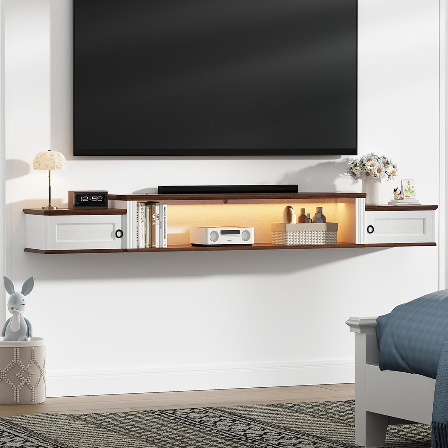 Farmhouse Floating TV Stand for 80" TVs, with LED Light & Outlet | 70" Modern Wood Floating TV Shelf, Minimalist TV Stand Wall Mounted for Living Room, Walnut + Antique White