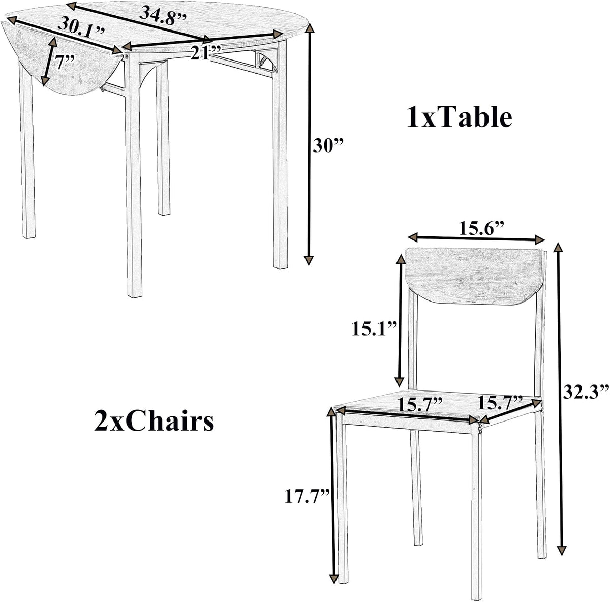 Merax 3-Piece Foldable Dining Table Set for 2 with Drop Leaf Tabletop and Two Chairs for Small Places, Kitchen, Living Room, Apartment, Rustic Brown