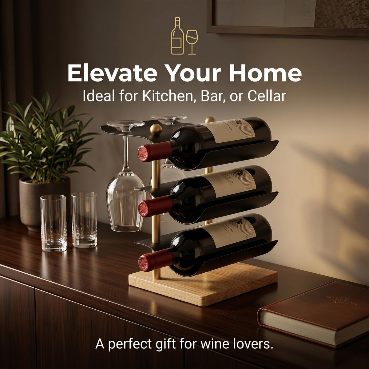 Modern Abstract Wine Rack, Black Metal Wine Holder with Wood Base, 3 Bottle Wine Display Stand for Countertop, Decorative Wine Rack for Home Bar Kitchen Decor, Unique Gift for Wine Lovers