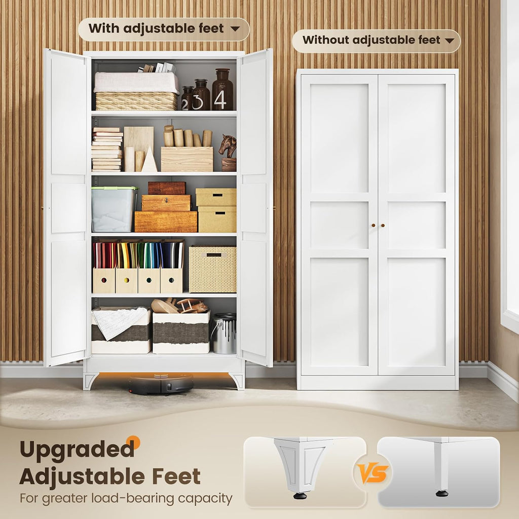Yizosh Metal Pantry Cabinet, 75" Kitchen Pantry with 2 Door and 4 Adjustable Shelves,White Metal Pantry Storage Cabinet,Cupboard for Kitchen,Dining Room,Living Room and Bathroom