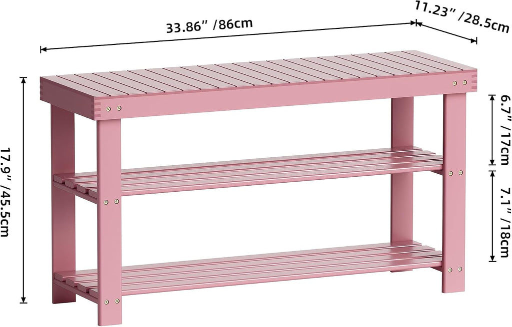 SMIBUY Bamboo Shoe Rack Bench, 3-Tier Shoe Organizer Storage Shelf for Entryway Hallway Bathroom Living Room (Pink)