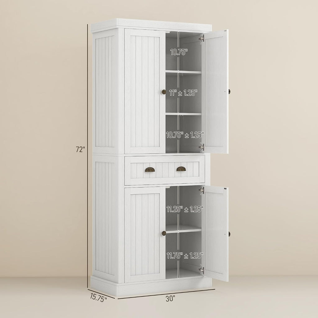 72" Farmhouse Kitchen Pantry Cabinet, Freestanding Tall Storage Cabinet with 4 Soft-Close Doors, 2 Adjustable Shelves and Drawer for Dining Room, Distressed White