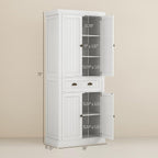 72" Farmhouse Kitchen Pantry Cabinet, Freestanding Tall Storage Cabinet with 4 Soft-Close Doors, 2 Adjustable Shelves and Drawer for Dining Room, Distressed White