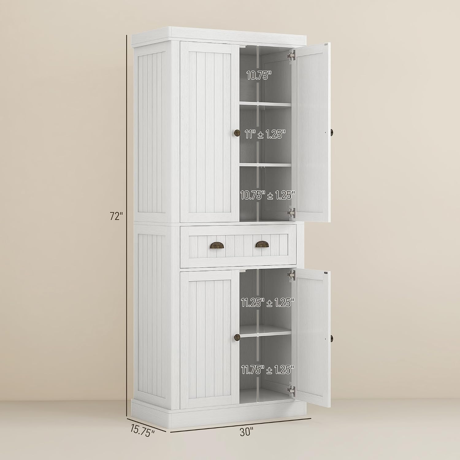 72" Farmhouse Kitchen Pantry Cabinet, Freestanding Tall Storage Cabinet with 4 Soft-Close Doors, 2 Adjustable Shelves and Drawer for Dining Room, Distressed White