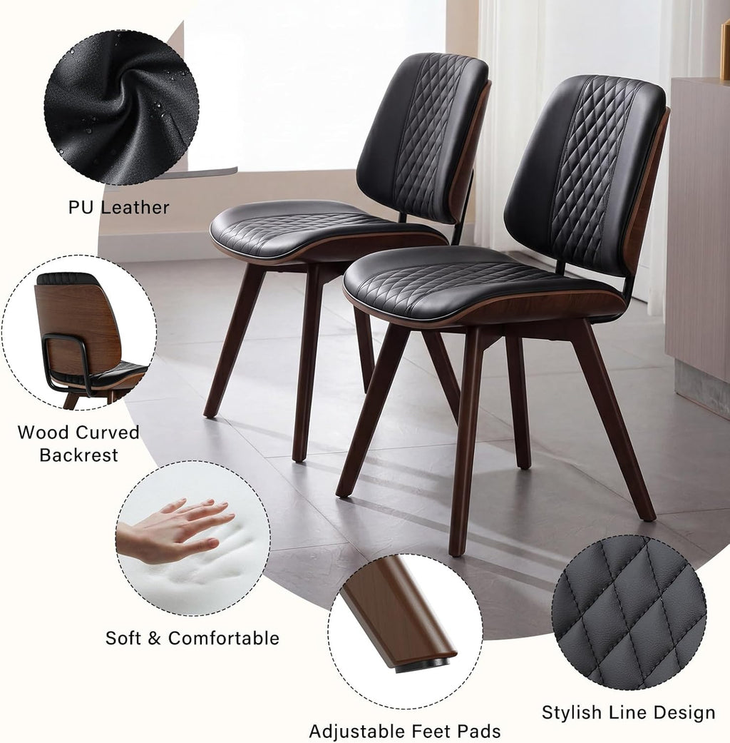 BV Dining Chairs Set of 4, PU Leather Armless Kitchen Chair in Modern Walnut Style, Mid Century Bentwood Side Chair with Wood Legs, Retro Accent Guest Chair for Kitchen Dining Room(Black)