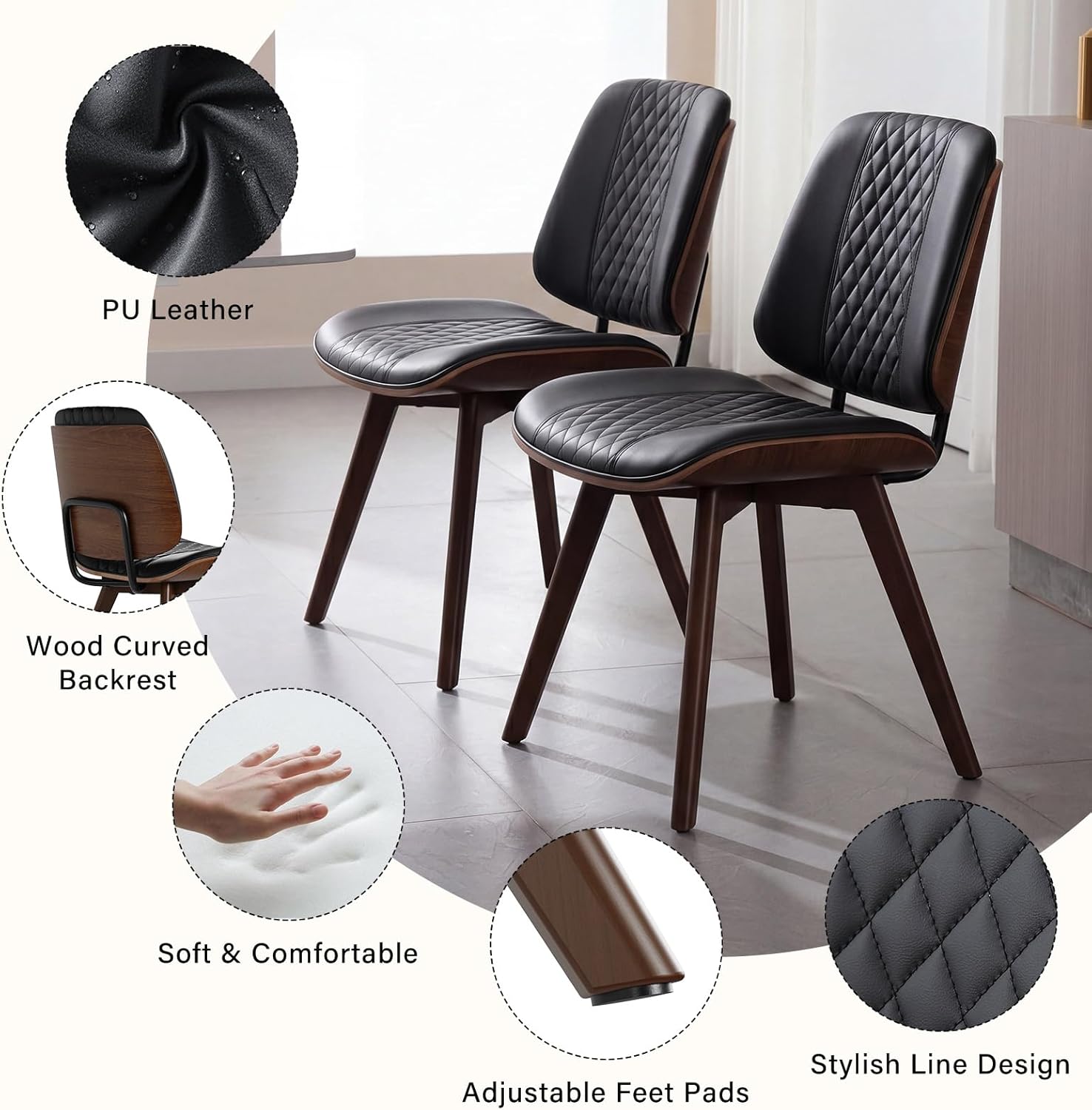 BV Dining Chairs Set of 4, PU Leather Armless Kitchen Chair in Modern Walnut Style, Mid Century Bentwood Side Chair with Wood Legs, Retro Accent Guest Chair for Kitchen Dining Room(Black)