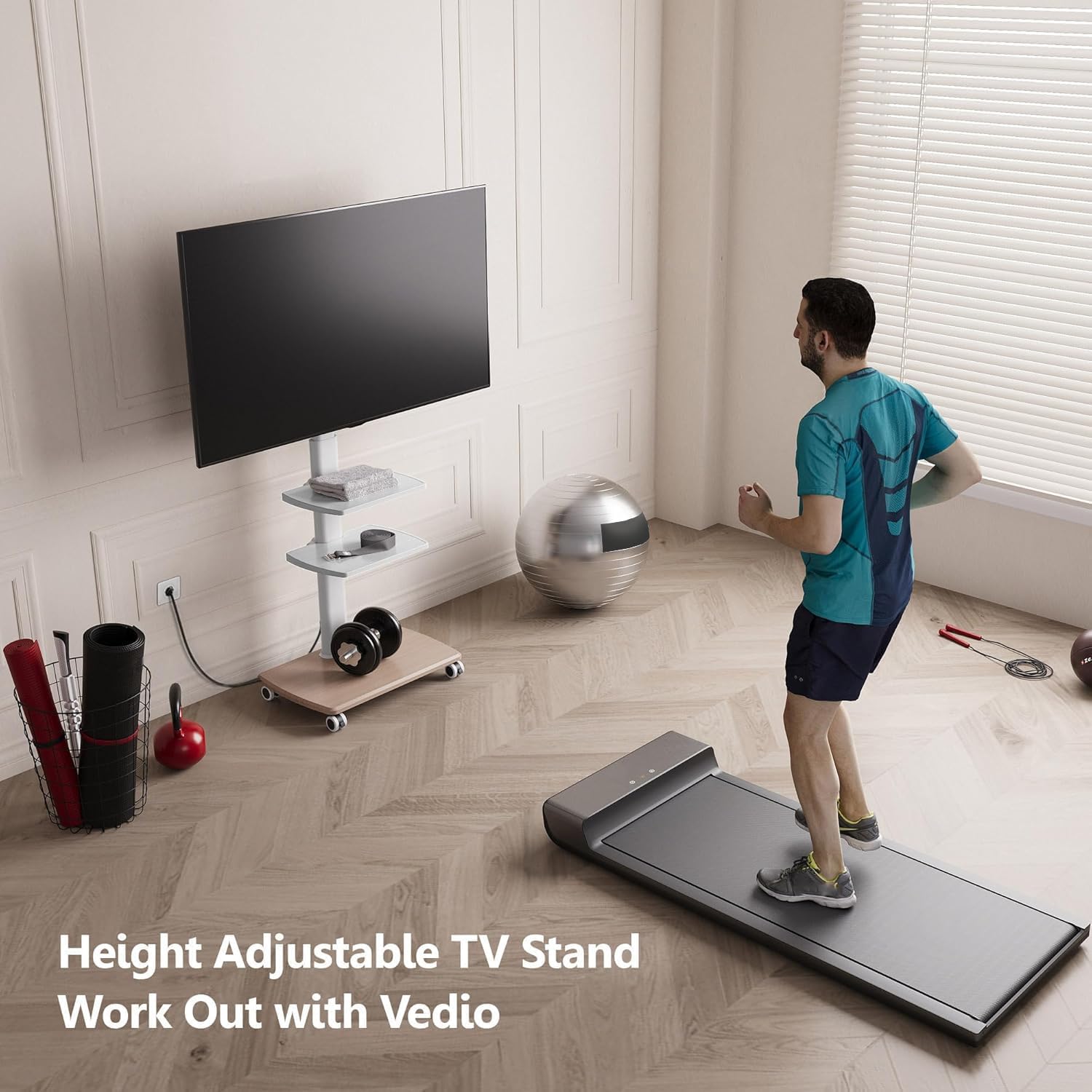 FITUEYES Rolling TV Stand with Power Outlets, for 32-75 InchTVs, White | Swivel Portable TV Stand with Height Adjustable&Wood Base, Mobile TV Cart with 2 Shelves for Bedroom Living Room Home Office