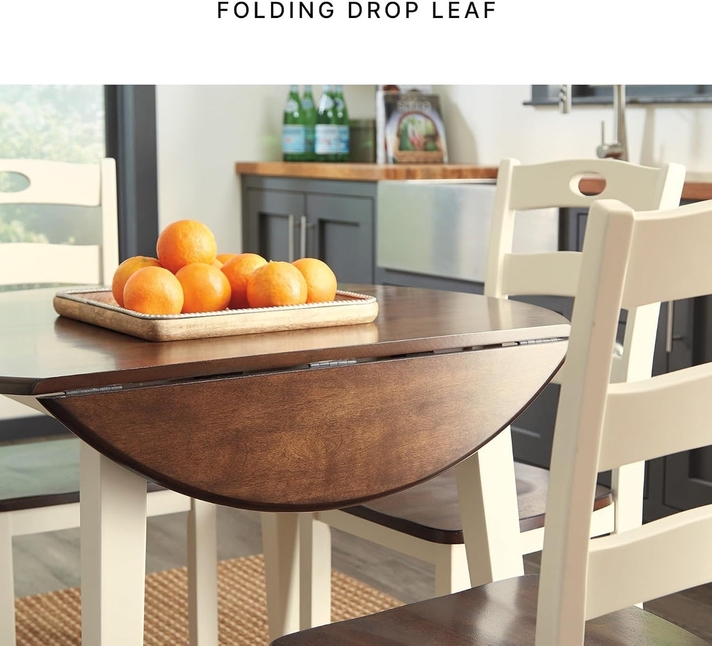 BOWERY HILL Round Drop Leaf Dining Table, 40" Wood, Cream and Brown Two-Tone Finish, Modern Cottage Style, Compact Kitchen or Dining Room Table