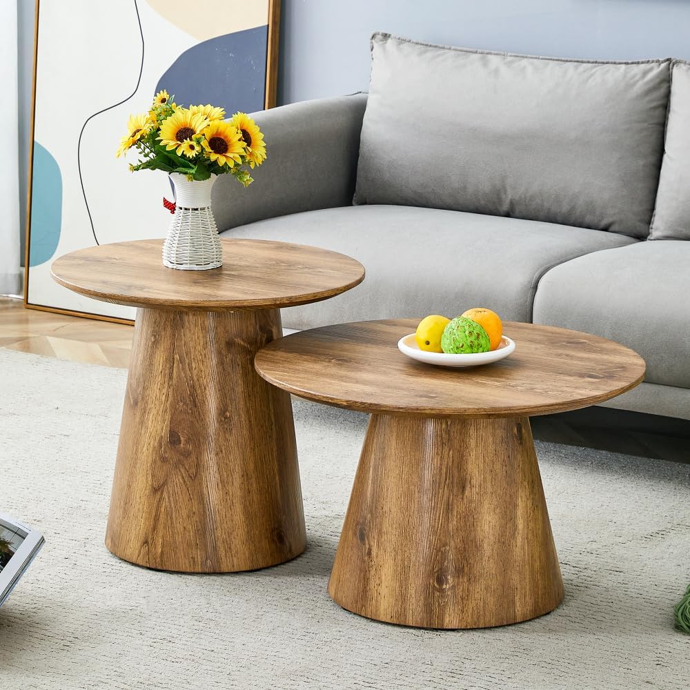 Nesting Coffee Table Set, Round Wood Grain Veneer, Mid-Century Modern | Classic Round Coffee and Side Table Set with Simple Wood-Grain Design for Living Rooms, Offices, and Center Spaces.