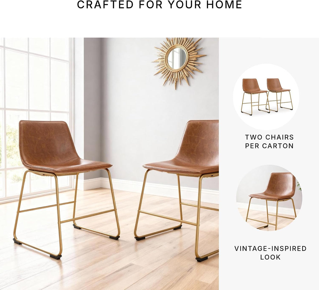Signature Design by Ashley Crandox Dining Chairs Set of 2, Mid Century Modern Bucket Seat, Faux Leather Upholstery with Gold Legs, Casual Seating for Kitchen and Dining Rooms, Light Brown