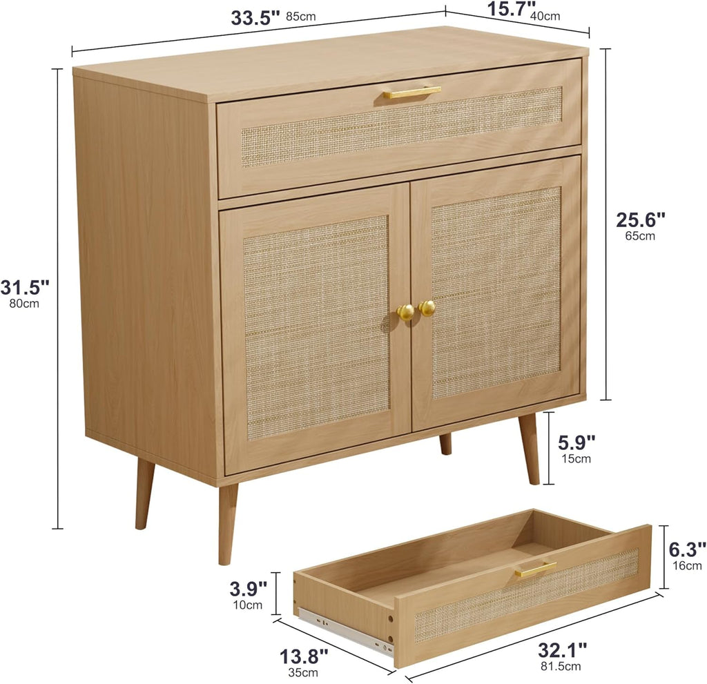 Furnify Rattan Sideboard Buffet, Boho Kitchen Cabinet with Drawer & 2 Doors, Modern Mid Century Accent Cabinet with Adjustable Shelf,Coffee Bar for Living Room, Entryway, Kitchen, Oak