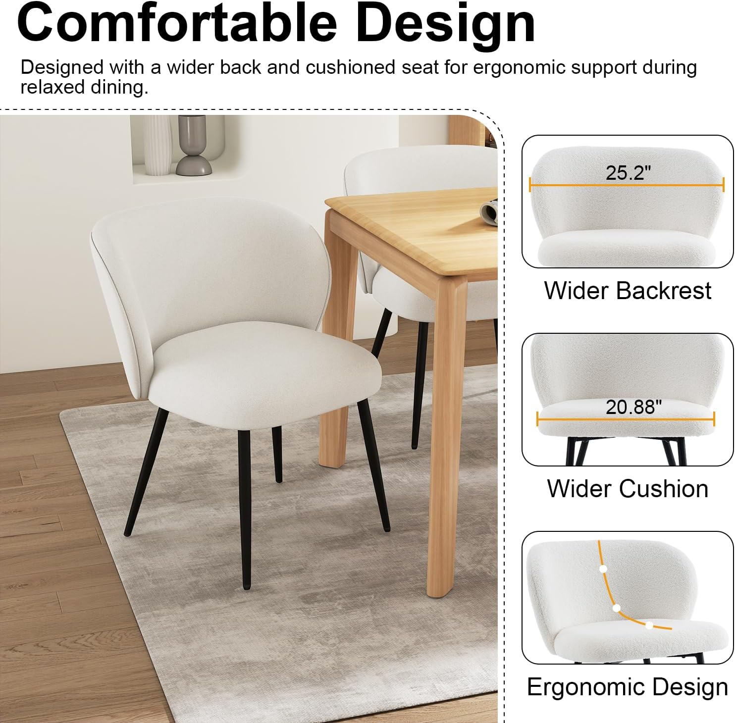 Chairs Set of 2, Upholstered Fabric Dining Room Chairs, Makeup Vanity Chair Modern Accent Chairs Farmhouse Kitchen Dining Chairs with Metal Legs for Home Kitchen, Living Room, Ivory