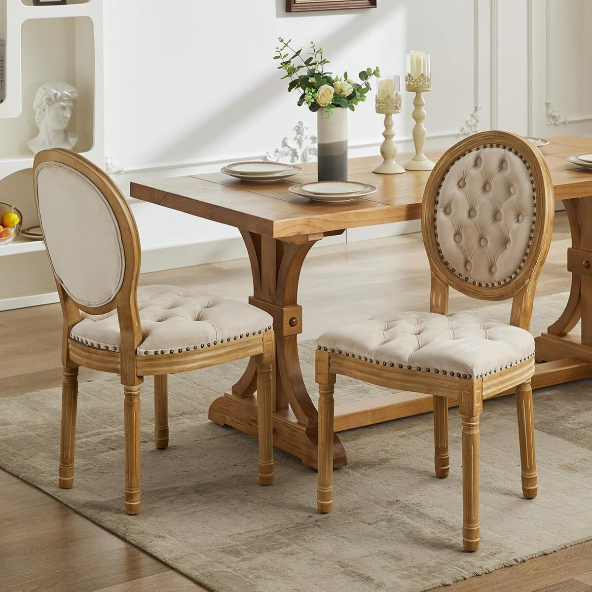 Vintage French Country Dining Chairs Set of 6, Velvet Dining Chair with Solid Wood Legs, Beige Upholstered Dining Chairs, Sillas para Comedor, Kitchen & Dining Room Chair (Beige, 6Pcs)