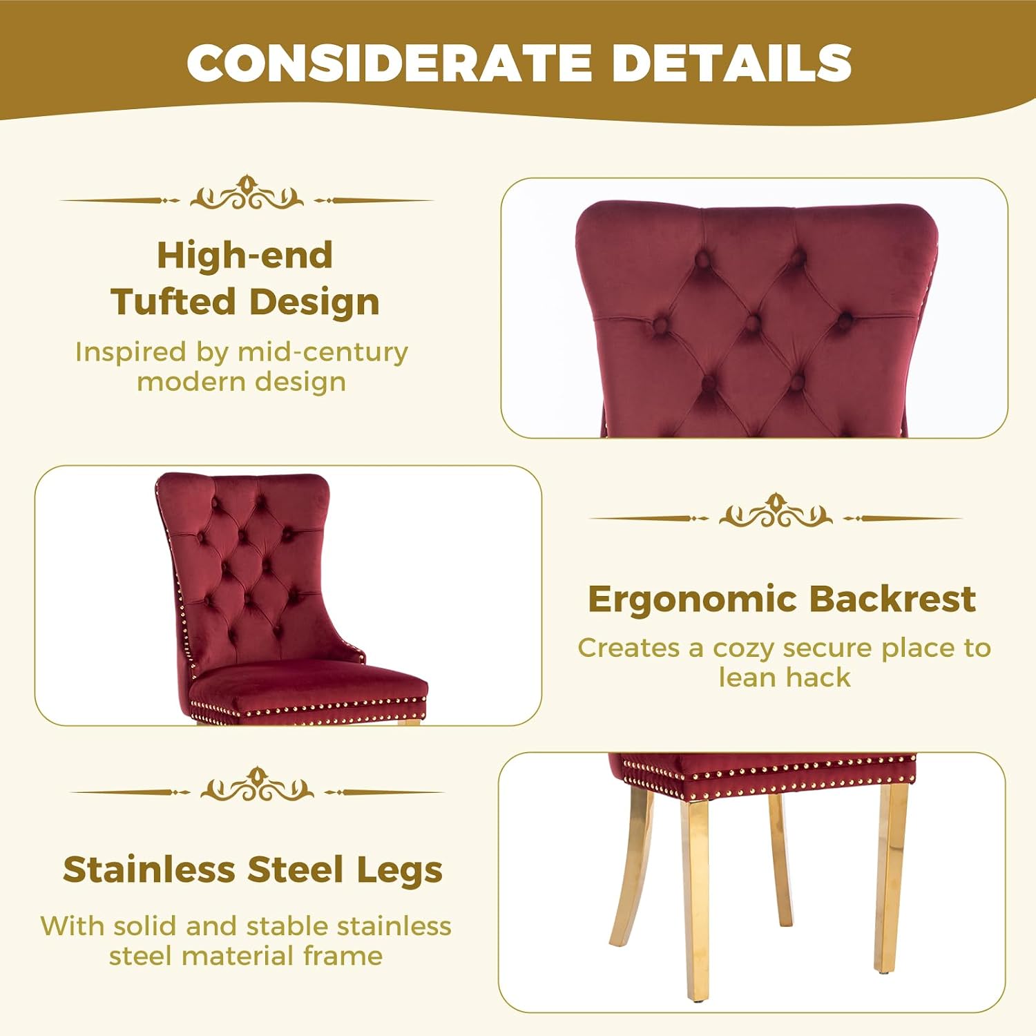 38.9 Inch Round Glass Dining Table Set for 4, Golden Round Kitchen Table with 4 Upholstered Velvet Accent Chairs, 5 Piece Modern Dining Room Set, for Home, Apartment, Kitchen - Red Chairs