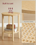 VASAGLE Round Side End Table, 2-Tier Boho Bedside Table with Rattan-Look Storage Shelf, Nightstand for Small Spaces, for Living Room, Bedroom, Home Office, Oak Beige ULET296Y01