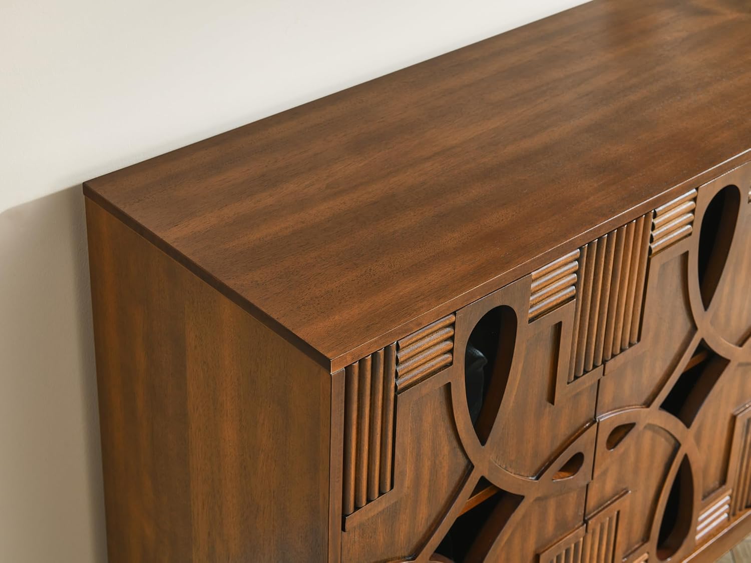 LKTART 60" Mid Century Modern Sideboard Buffet with Hollow Carved Doors and Outlet Holes,Vintage Accent Cabinet Credenzas Storage Cabinet Walnut