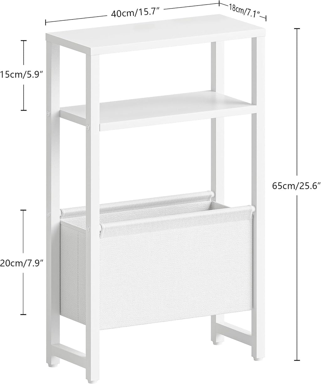 Narrow Side Table, Slim End Table with Magazine Rack, Skinny Bedside Table for Small Spaces, 3 Tier Sofa Couch Table Nightstand for Living Room, Bedroom, White LET503W