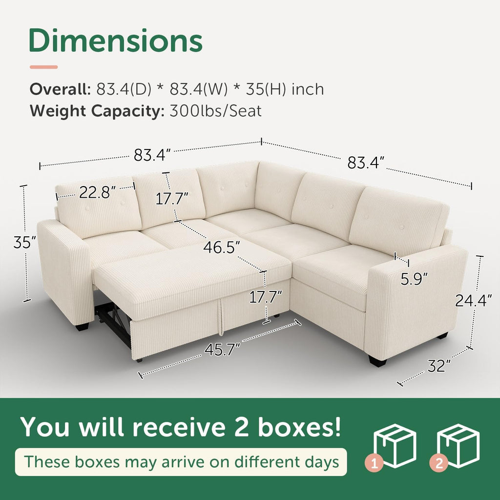 HONBAY Corduroy Sectional Sleeper Sofa with Pull Out Bed, 5 Seaters 83.4 Inch Setional Couch for Living Room Apartment, Beige