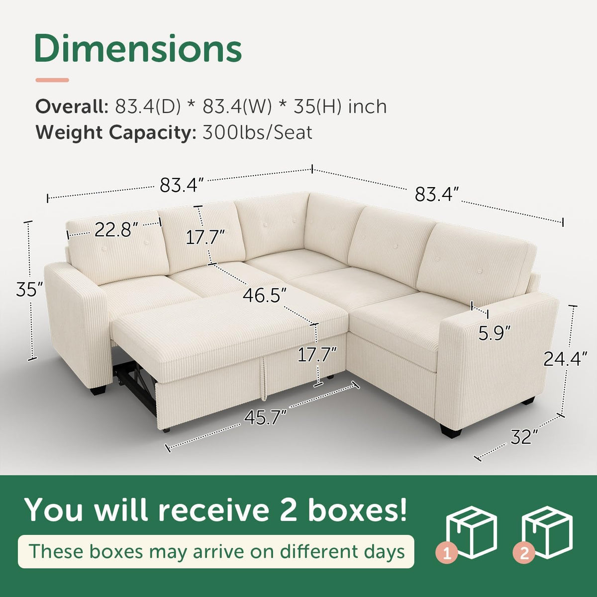 HONBAY Corduroy Sectional Sleeper Sofa with Pull Out Bed, 5 Seaters 83.4 Inch Setional Couch for Living Room Apartment, Beige