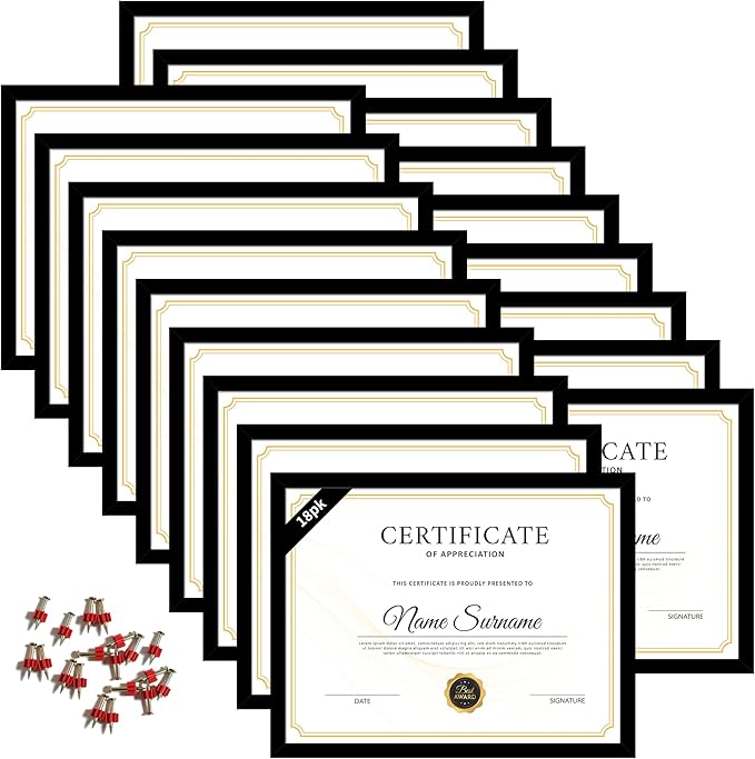 18 Packs 8.5x11 Multi Picture Frames Set, Certificate Frame for Document Diploma Award, Light Weight Bulk 8.5 by 11 Frames For Wall Hanging and Table, Black