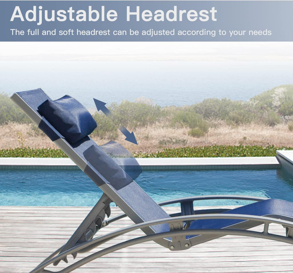 Domi Lounge Chair Set of 3, Aluminum Lounge Chairs for Outside with 5 Adjustable Positions, Chaise Lounge Outdoor for Pool, Garden, Beach, 2 Pool Chairs and 1 Side Table(Blue)